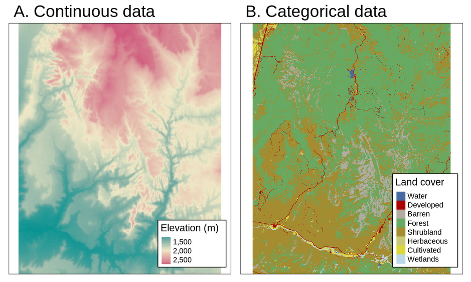 Ejemplos de mapas raster continuos y categóricos. Imagen de Robin Lovelace et al. (https://geocompr.robinlovelace.net/spatial-class.html#raster-data)